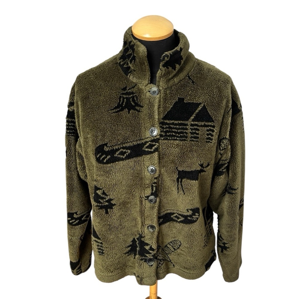 Vintage True Grit Cabin Fever Fleece Jacket Olive Green Nature Print USA Size M - Picture 2 of 10